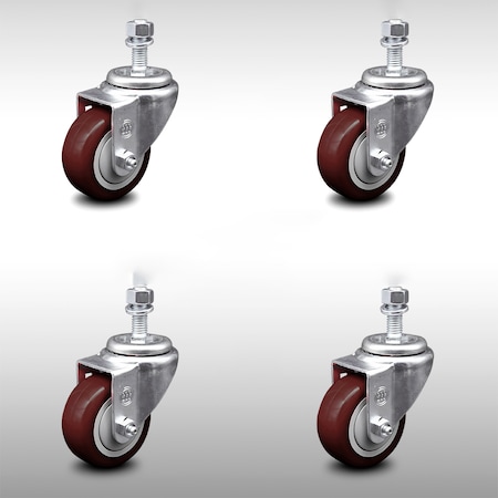Service Caster 3 Inch SS Maroon Polyurethane Wheel Swivel 12mm Threaded Stem Caster Set SCC SCC-SSTS20S314-PPUB-MRN-M1215-4
